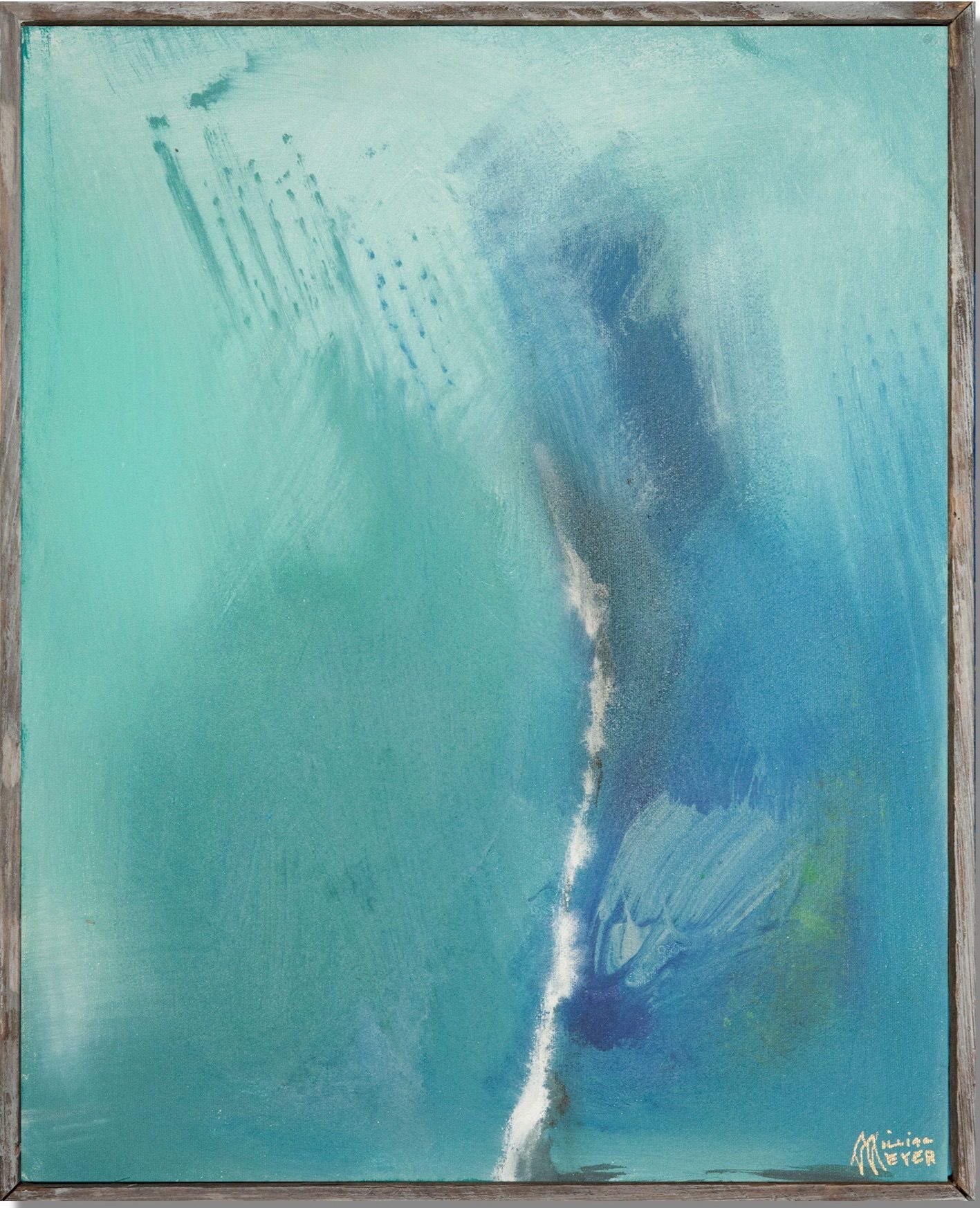 Aqua Wand by William Meyer, Acrylic on canvas with reclaimed wood frame