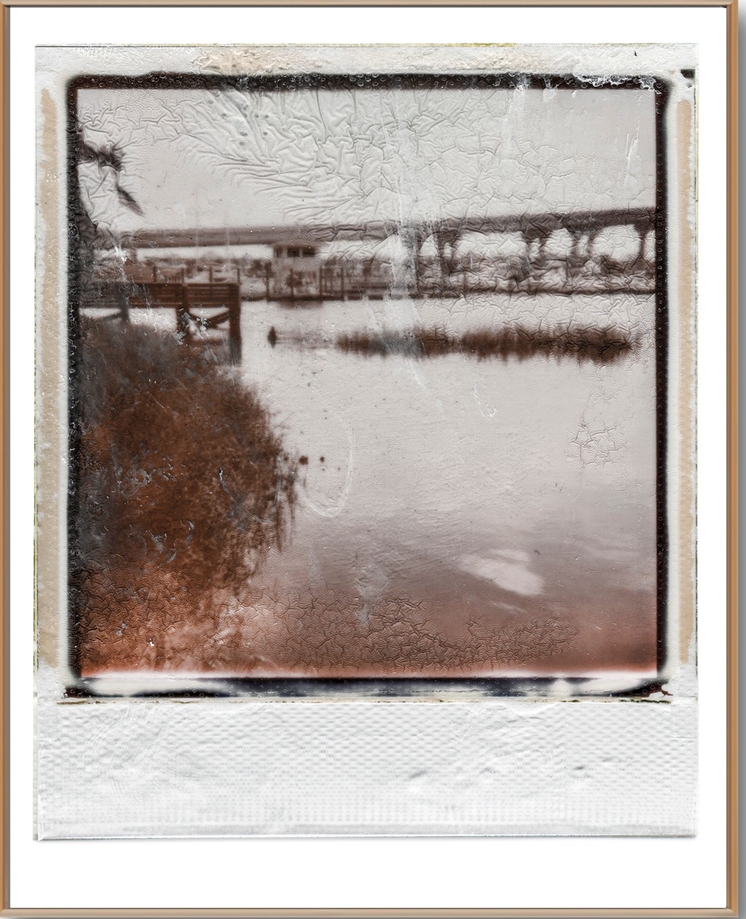 Beach Marina Polaroid Front by William Meyer, Mixed media on canvas with reclaimed wood frame, Polaroid 53 Front