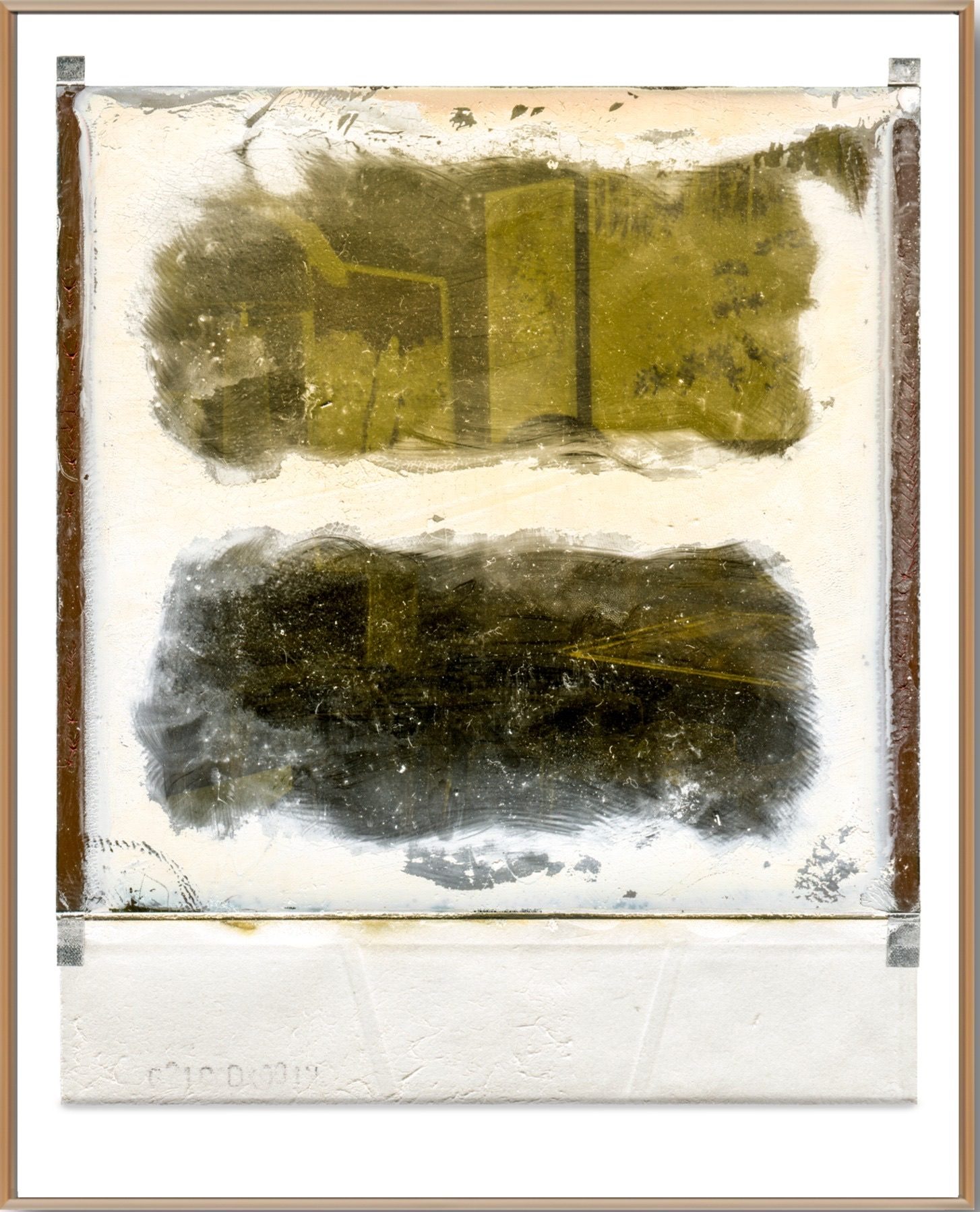 Green Room Polaroid Back by William Meyer, Mixed media on canvas with reclaimed wood frame