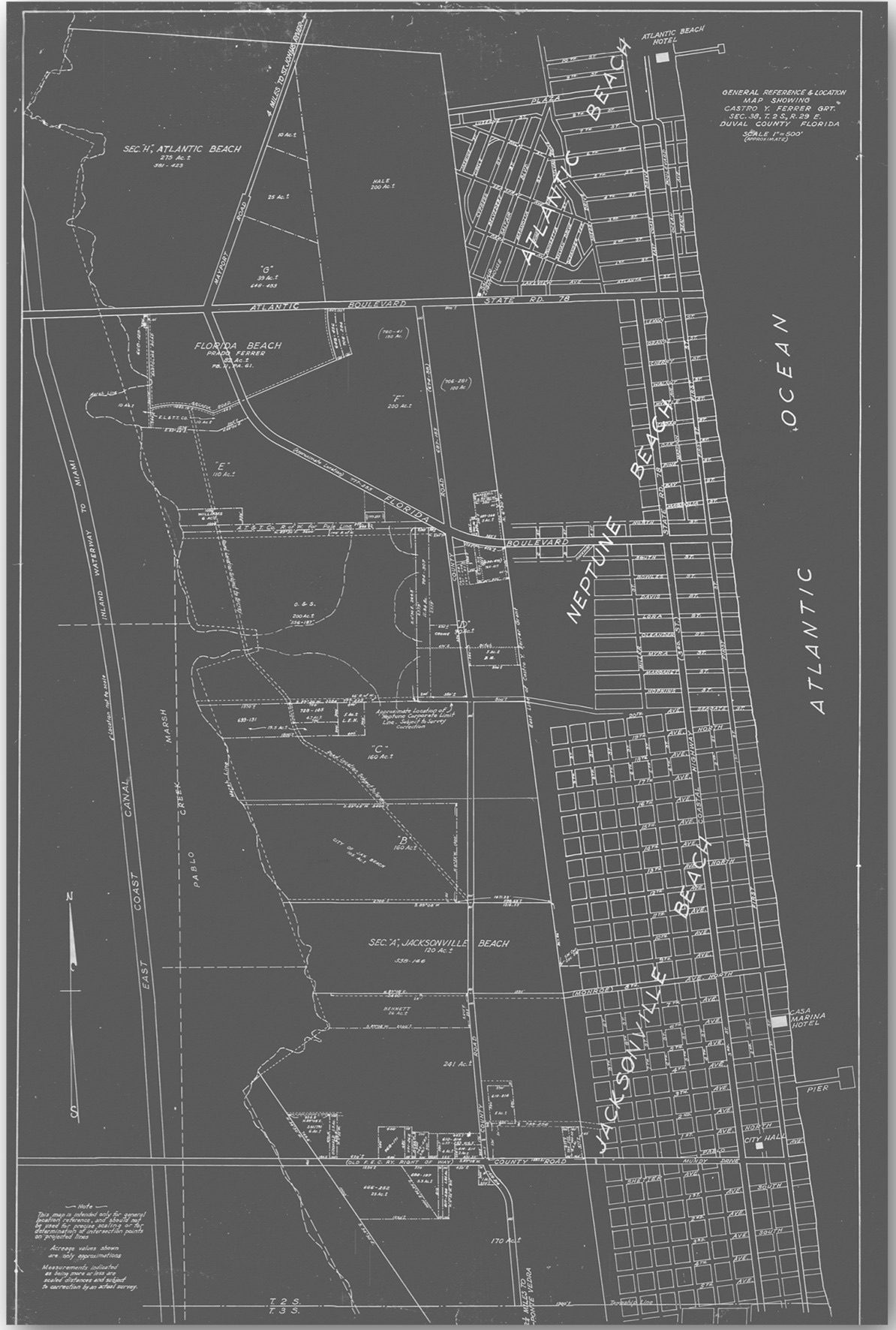 Jacksonville Beach Map by William Meyer, Framed, Giclée on canvas