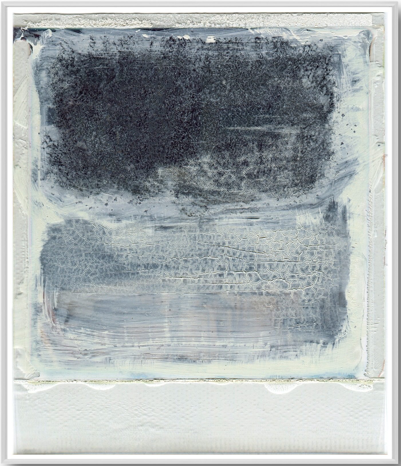Polaroid Print Back by William Meyer, Mixed Media on Canvas with White Reclaimed Wood Frame