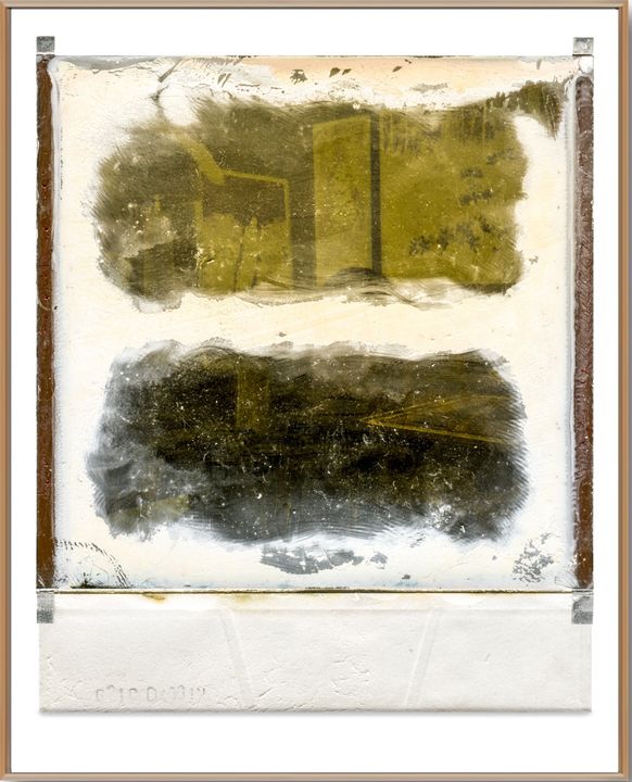 Green Room Polaroid Back by William Meyer, Mixed media on canvas with reclaimed wood frame