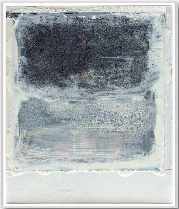 Polaroid Print Back by William Meyer, Mixed Media on Canvas with White Reclaimed Wood Frame